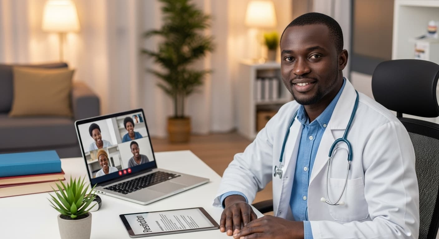 A friendly doctor consults with a patient via a laptop screen, symbolizing modern telemedicine in Africa.