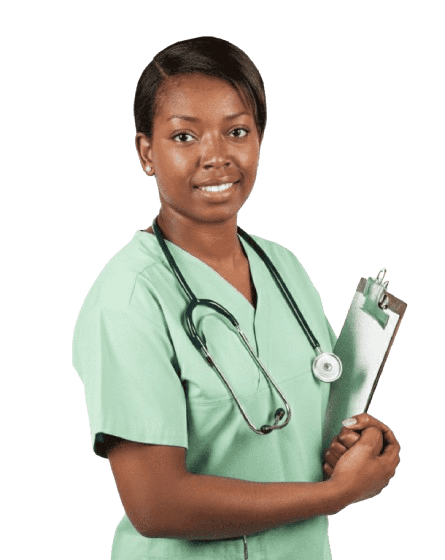 A friendly and professional female African doctor smiling warmly at the camera.