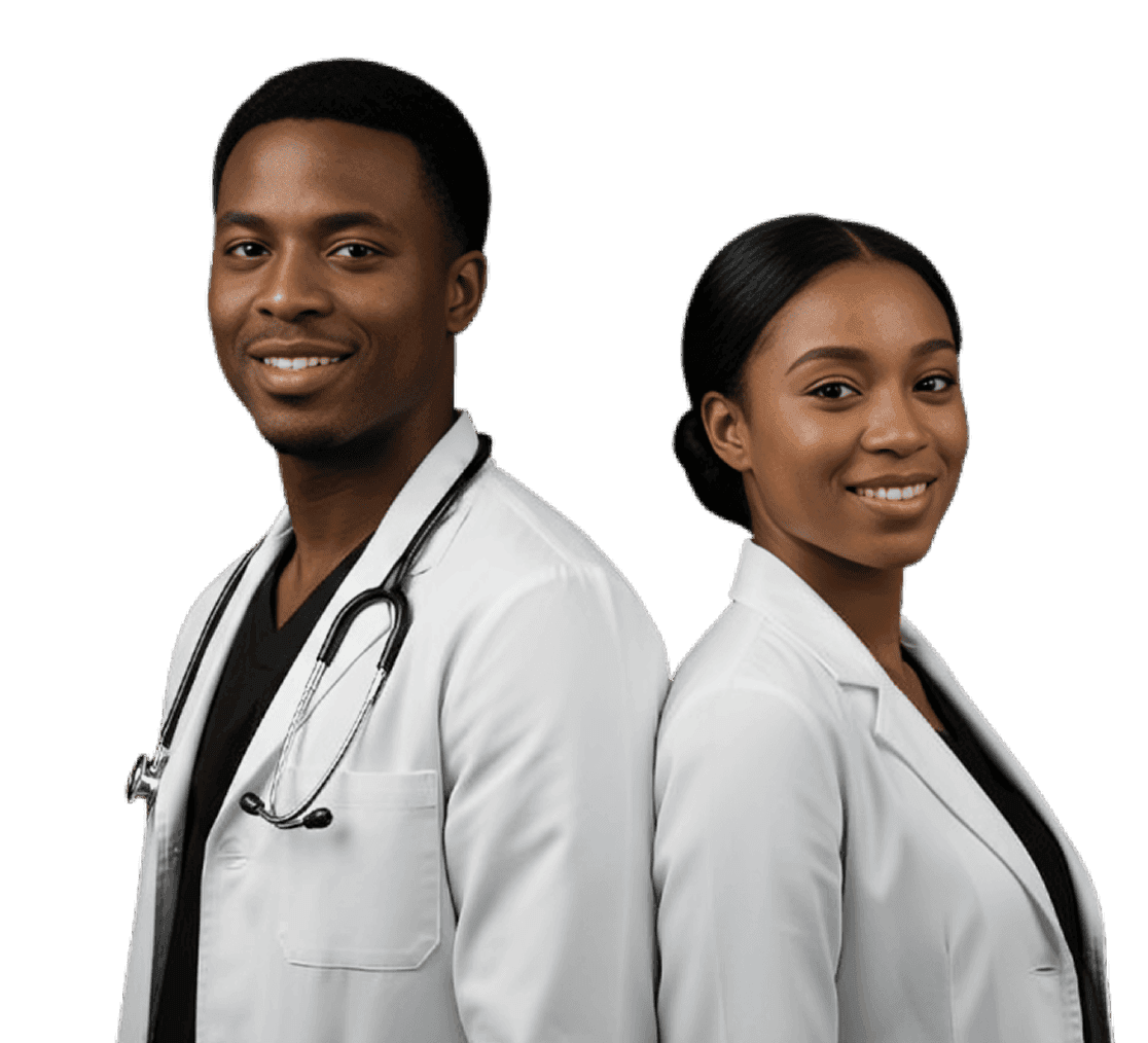 Two confident medical professionals, a man and a woman, standing together.